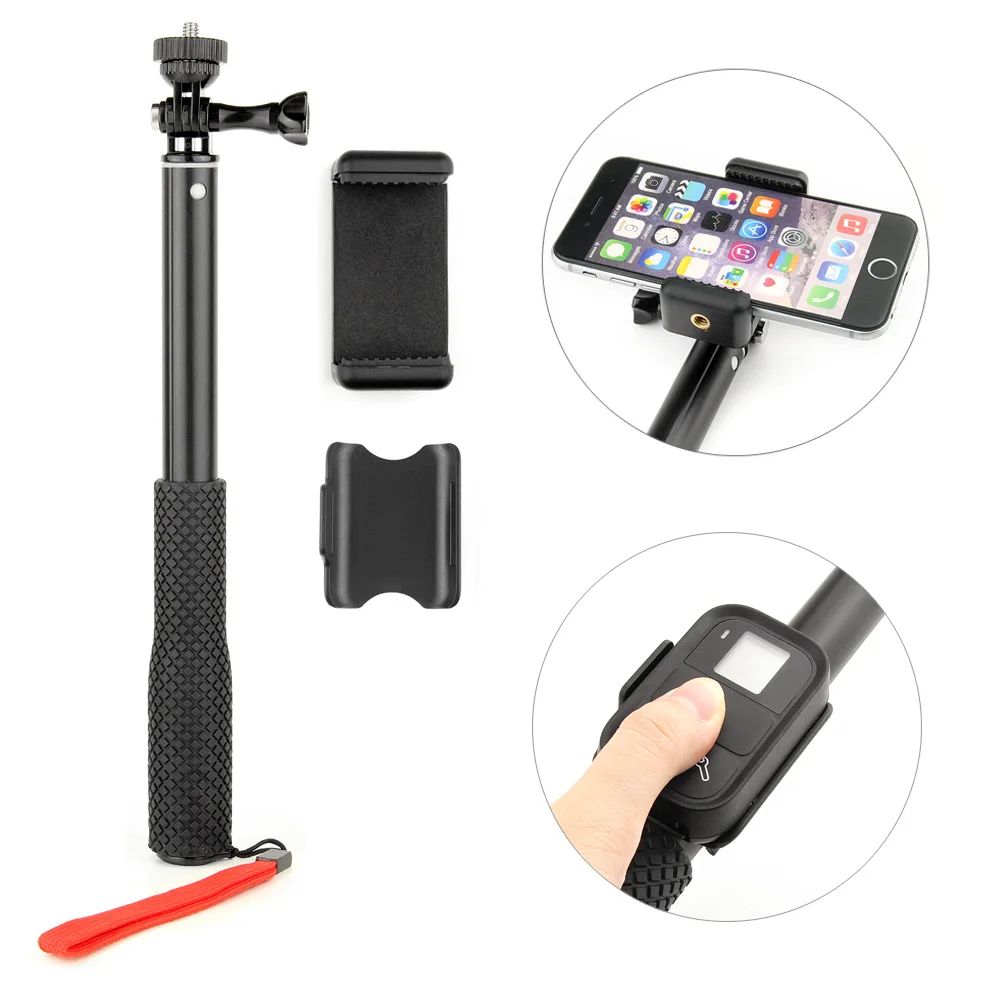 QIUNIU For GoPro Aluminum Selfie Stick Extendable Handheld Monopod Pole + Holder Clip + Tripod