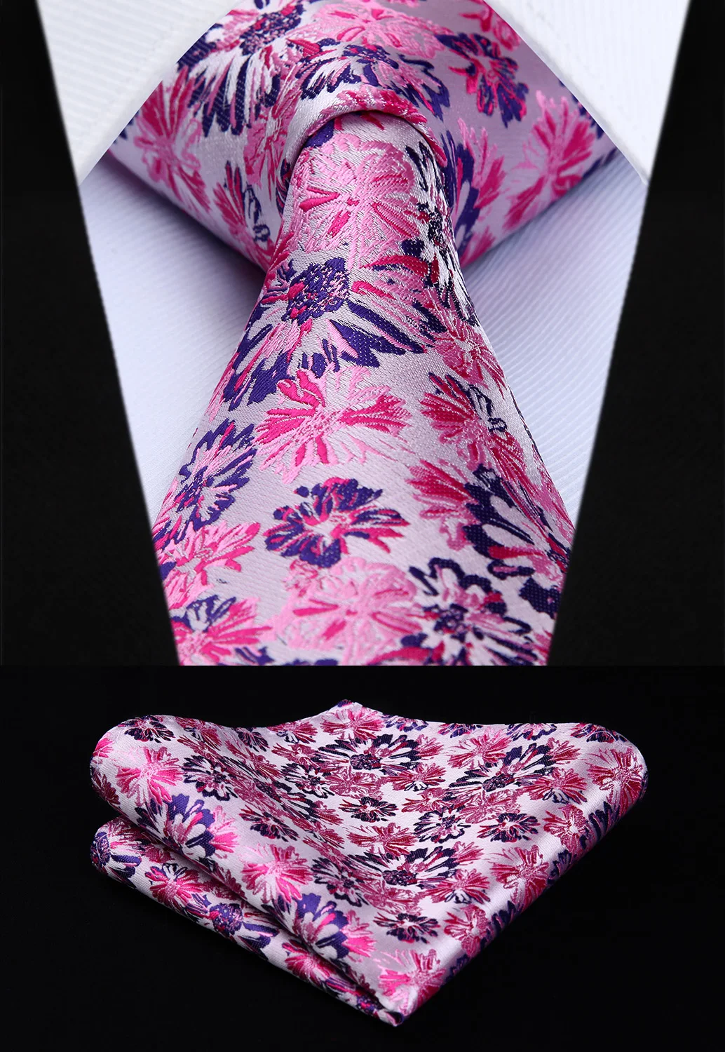 TF810K8S Pink Purple Floral 3.4" Silk Tie Pocket Square Party Wedding
