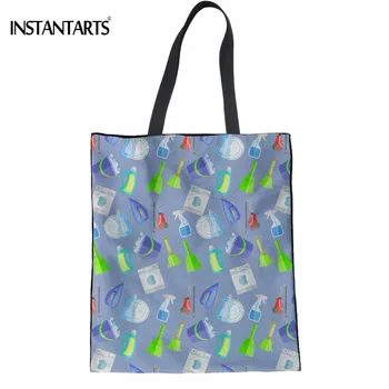 

INSTANTARTS Fashion Cleaner Pattern Women Linen Handbag Casual Student Tote Bag for Teen Girl Multi-function Cloth Shoulder Bags