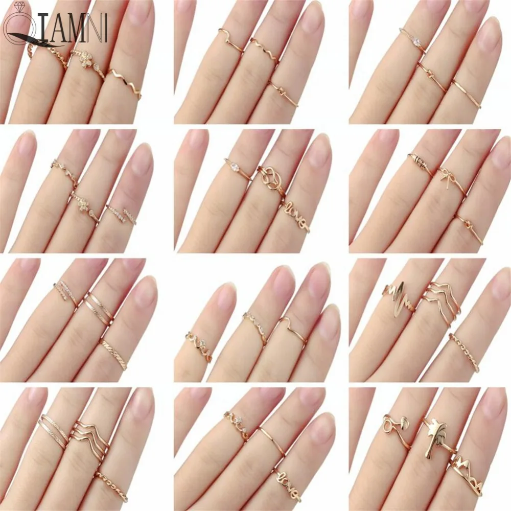 

QIAMNI 3pcs/lot Tree Bow Love Flower Wave Zircon Mountain Crown Round Pulse Heart Stackable Knuckle Ring Set Women 's Toe Ring