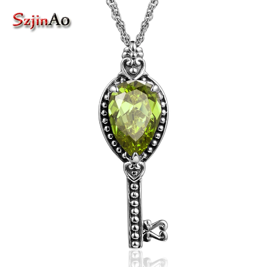 

Szjinao Classic Royal Token 925 Sterling Silver Pendant Necklaces Women Wedding Fine Jewelry Peridot Stone Key Pendant Wholeslae