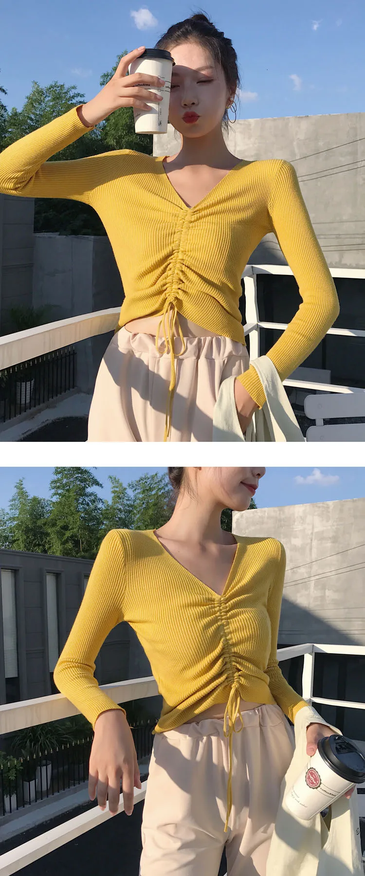 AOSSVIAO Sexy lace up knitting pullover top Fashion autumn winter sweater women Chic pink V-neck knit slim jumper pull femme