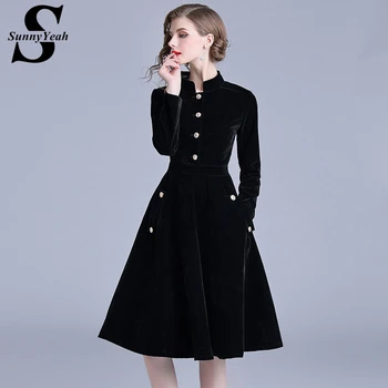 

SunnyYeah Women Autumn Winter Dress Velvet Vintage Black Dress Ladies Long Sleeve Runway Slim Party Dresses Female Vestidos robe
