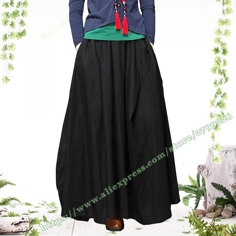 2018 Plus Size 6XL 5XL 4XL Effen Zwarte Katoen Linnen Casual Retro Vrouw Maxi Rok ontwerpen/Herfst En Winter lange Rokken Vrouwen