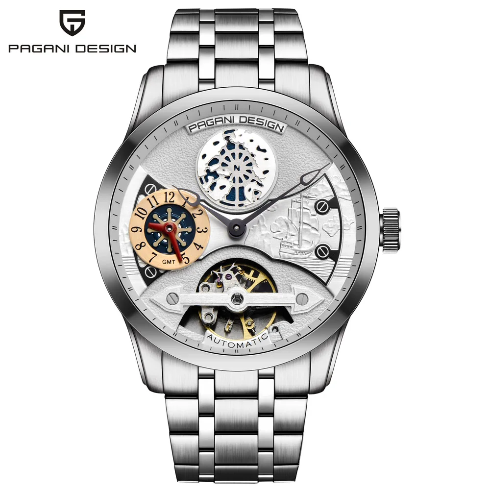 Мужские автоматические механические наручные часы PAGANI Дизайн Топ люксовый бренд Мужские часы водонепроницаемый кожаный ремешок стальные колеса циферблат часы - Цвет: Steel silver white