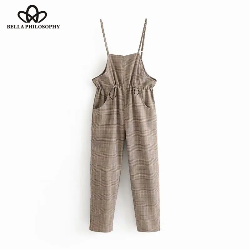 Wonder 2018 Fashion Vintage Stylish Plaid Pockets Jumpsuits  Adjustable Straps Drawstring Streetwear Rompers Casual Body Femme