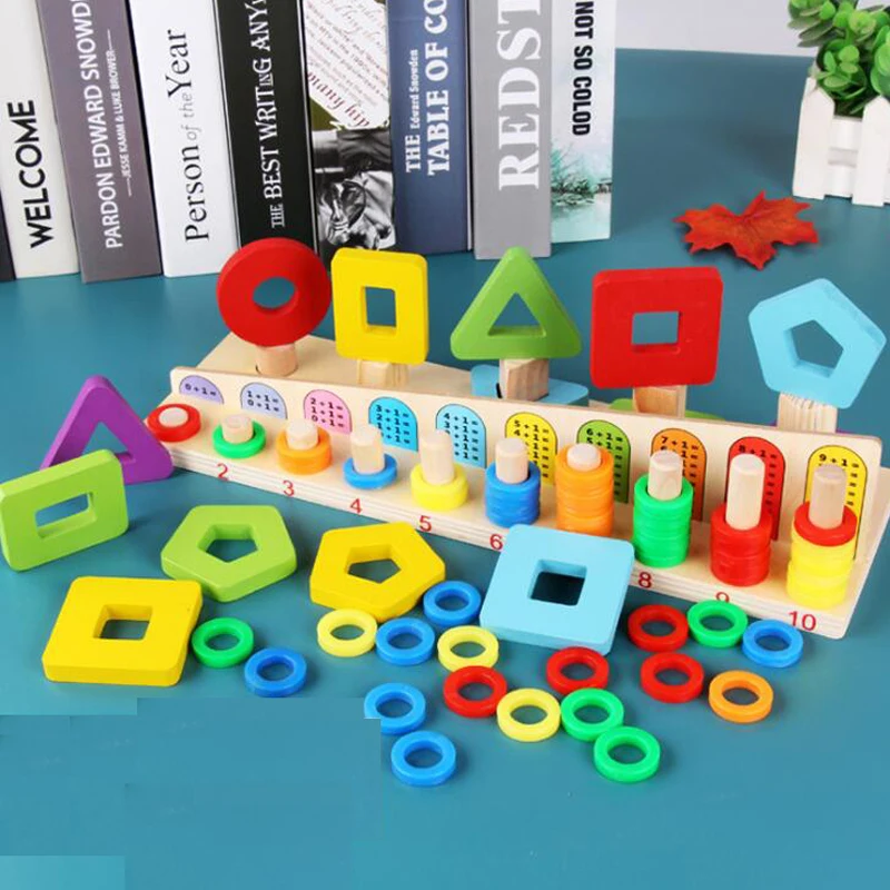 

Montessori Wooden Math Toys 3D Wood Count Geometric Shape Cognition Puzzle Games Educational Toys for Children