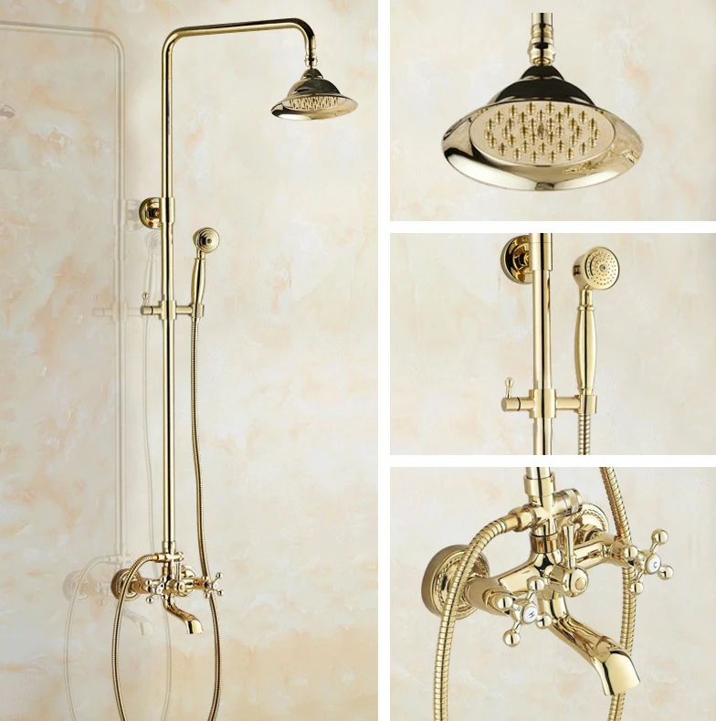 

Luxury Polished Gold Color Brass Dual Cross Handles Bathroom Round Rain Shower Faucet Set Bath Tub Mixer Tap Wall Mounted mgf347