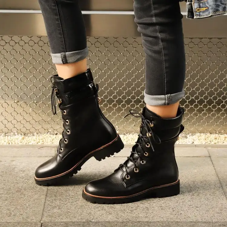 Femmes Bout Femme Show De Bottes Daim Cheville 2018 Nouveau Chaussures Rond Botas En Talon Style Dames Noir Bas Cuir Martin Britannique Chunky As wvqxfC