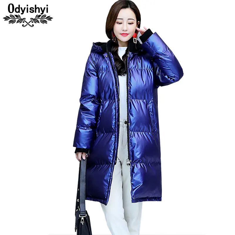 

Winter Women Down Cotton Coat Thicken Loose Padded Jackets 2019 Fashion Epaulettes Glossy Long Outwear Warm Hooded Parkas HS458
