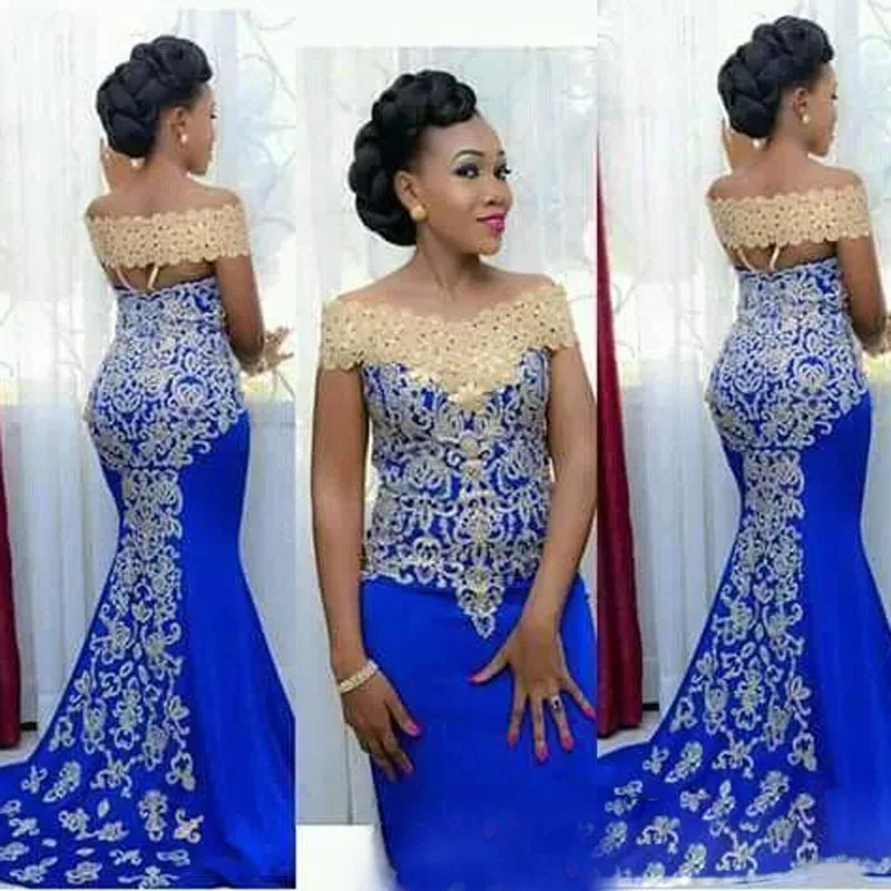 Elegant Long Evening Dresses 2018 Mermaid Off Shoulder with Gold Embroidery Floor Length African Women Blue Formal Prom Evening Gowns159
