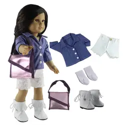 Горячая 5в1 комплект Одежда для кукол наряд джинсовый топ + брюки + сапоги + носки + сумка для 18 "американская кукла ручной работы одежда