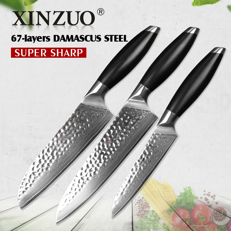 

XINZUO 3PCS Kitchen Knives Set Damascus Stainless Steel Kitchen Knife Japan VG10 Santoku Chef Utility Knife Exquisite g10 Handle