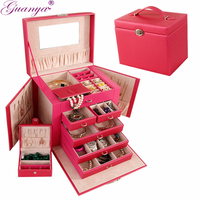 Guanya Brand Large Leather Jewelry Box Watch Beads Earrings Rings Accessory Storage Case Black White Red Organizer case Gift