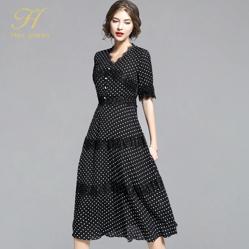 

H Han Queen Black Women Dress Vintage Dots Fashion V-neck Elegant Slim A-line Vestidos Work Casual Lace Patchwork Party Dresses