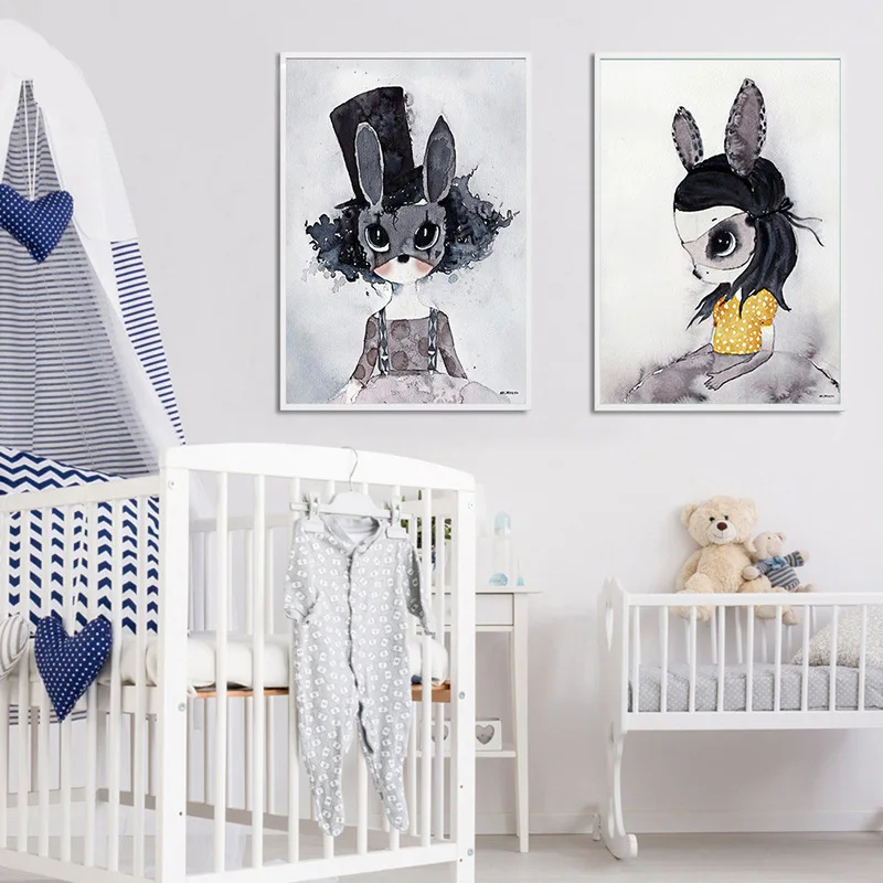 

Style Miss Rabbit Bunny Nordic Decorative Painting Watercolor Animal Studio Study Children's Room Hanging Wall Painting