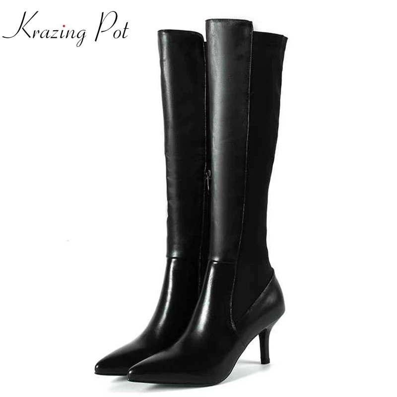 

Krazing Pot 2019 genuine leather pointed toe thin high heels riding long boots streetwear fashion wedding thigh high boots L15