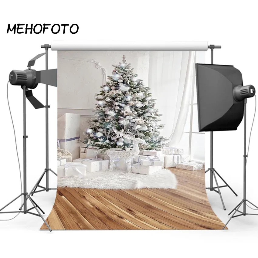 Фотография рождественской елки фон белый занавес деревянный пол фото стенд напечатанный Крытый фотографический фон