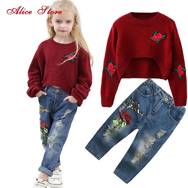 

Alice 2017 New INS Girls Suit Rose Sweater + Jeans 2 Pcs/set Fashion Holes Sequin Flower Pants Long Sleeves Kids Clothes C1