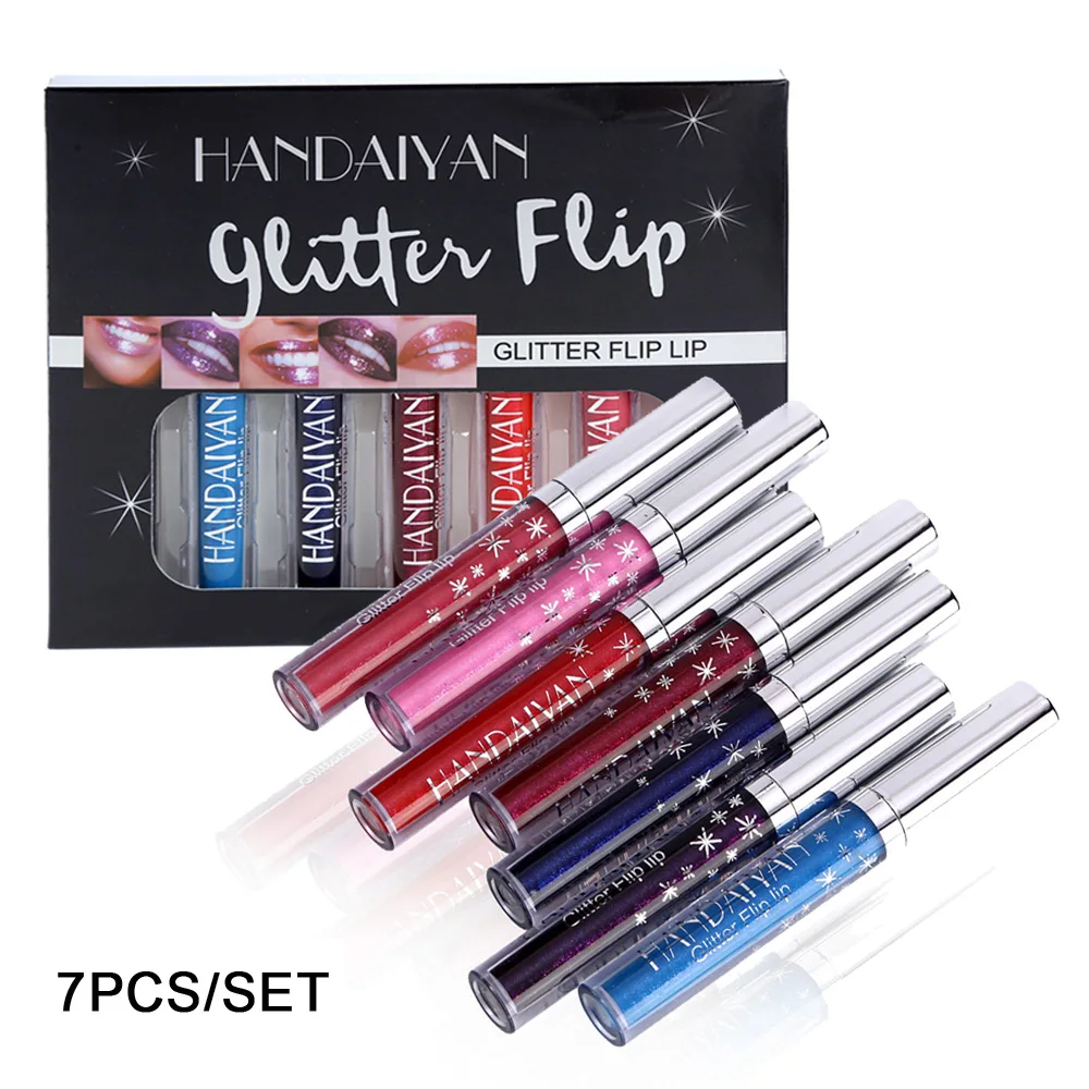 7PCS/Set Glitter Lip Gloss Magical Color Shiny Waterproof Liquid Lipstick Non-stick Cup Shimmer Cosmetics Tint with Gift Box | Красота и