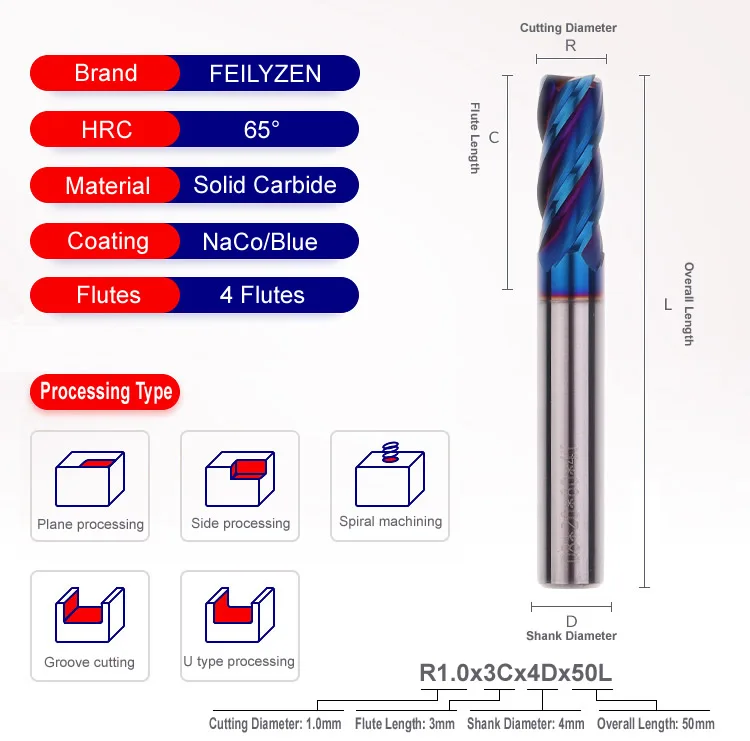 FEILYZEN HRC65 твердосплавная Нако/голубое покрытие плоская Концевая фреза 4 флейты Вольфрамовая сталь фрезерный станок с ЧПУ фрезы