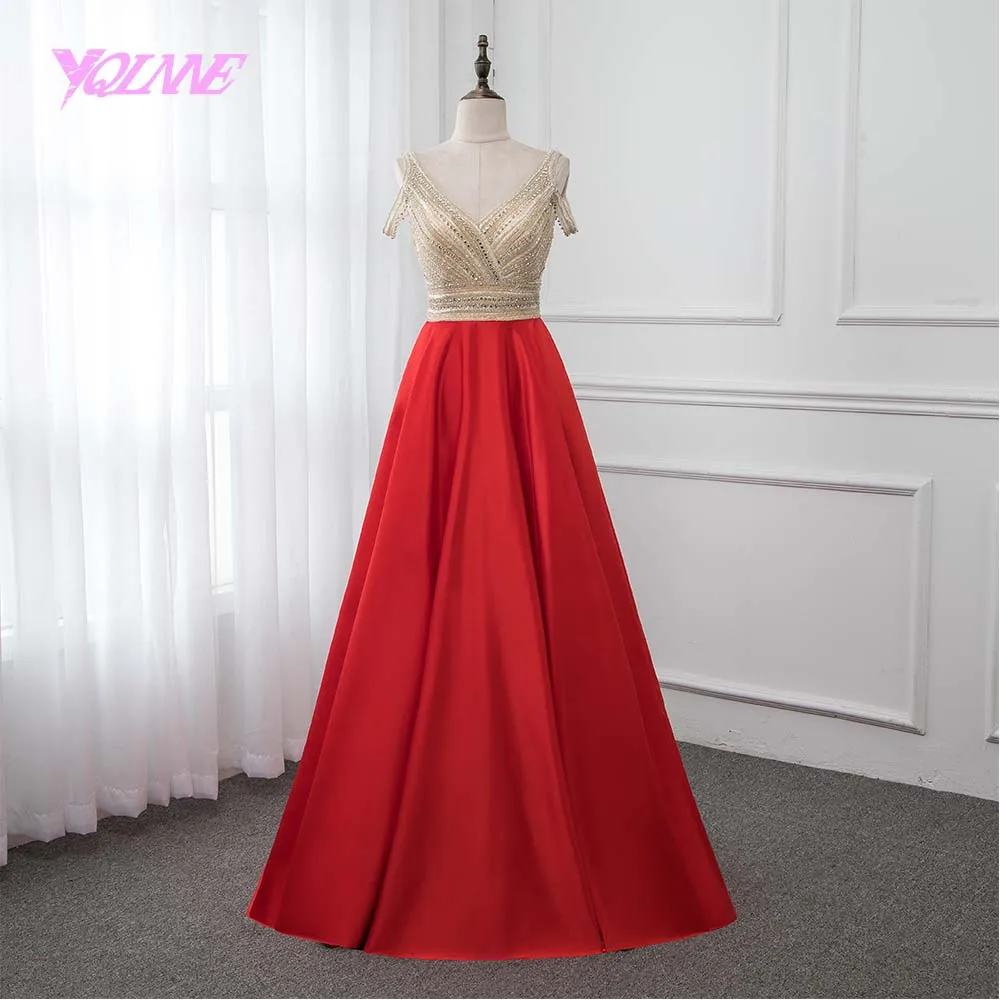 

YQLNNE New 2018 Red Crystals Prom Dresses Long Satin Dress Vestido de Festa V Back