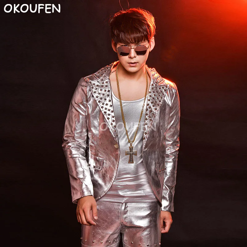 Men Fashion Rivets Silver Motorcycle Leather Jacket Stage Show Pants Dance nightclub singer DJ Korean style performance set |
