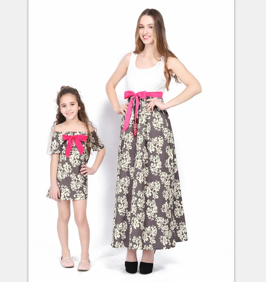 

Spring Summer 2019 Flower Printed Sleeveless Dress Parent-child Outfit Mom Baby Girl Matching Clothes Dresses with Waist Bow