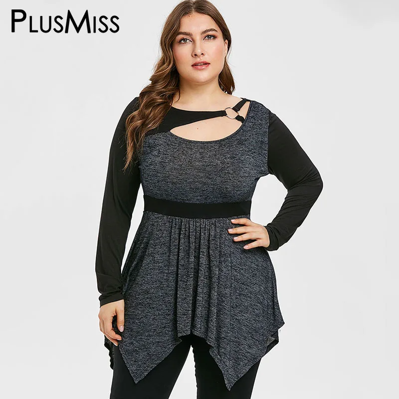 PlusMiss размера плюс XXXXXL вырезать контраст Туника Футболка XXXXL XXXL XXL Для женщин с длинными рукавами на осень, Винтаж футболка популярной модели, большие Размеры