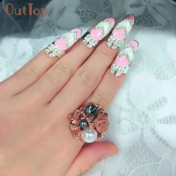 

Beauty Girl Women Fashion Bowknot Nail Ring Charm Crown Flower Crystal Finger 2017 New Nail Rings M20X20