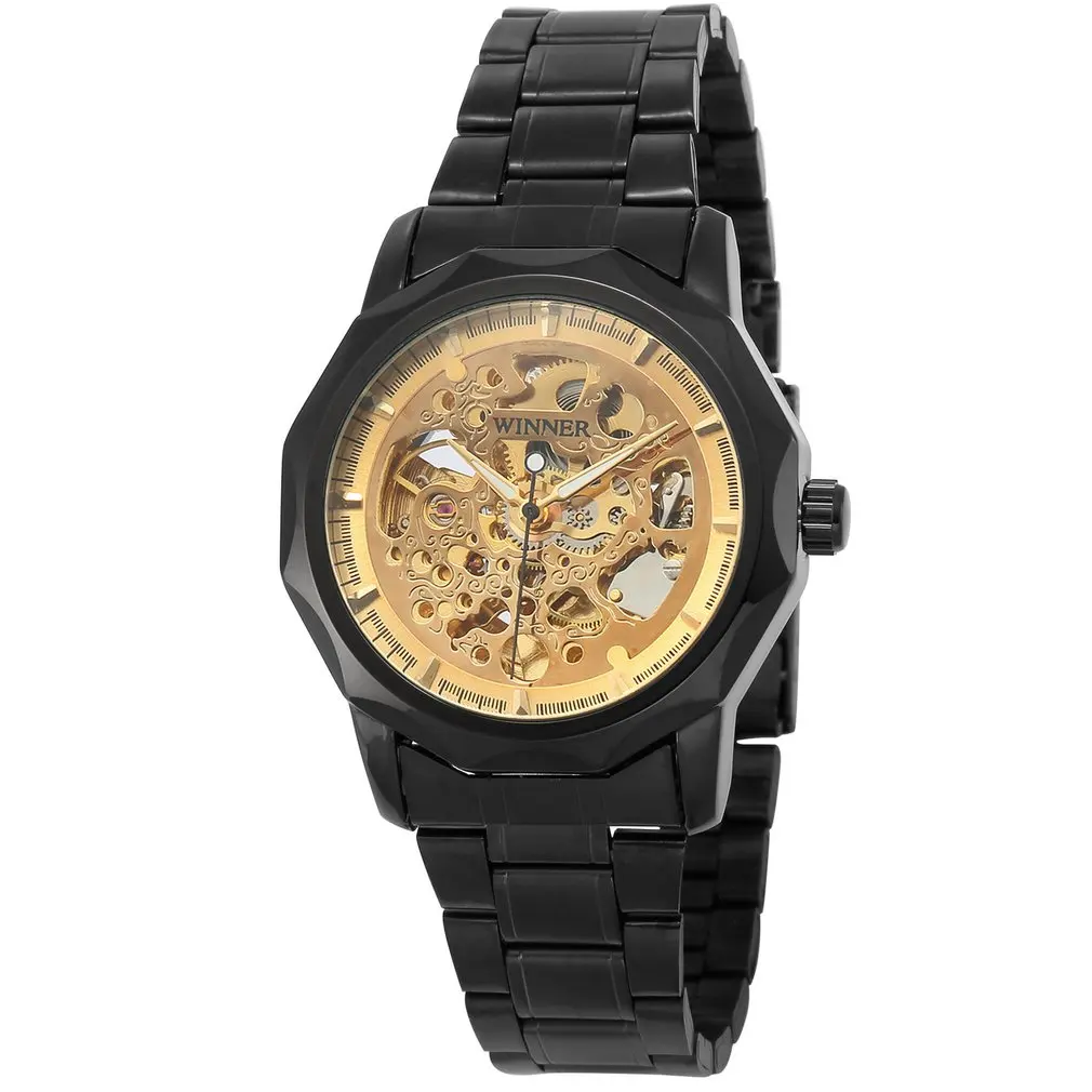 

High Quality Black Shell Hollow Gold Surface Black Steel Belt Mechanical Watch Fashion Watches Wristwatch Designer Clock