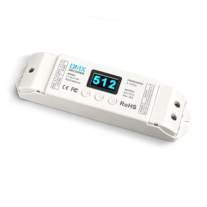 

New LTECH Led DMX decoder DC12V DC 24V 6A*3CH 18A Output DMX512 Constant voltage Decoder OLED display screen