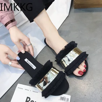 

Women Slippers Fashion Metal Bling Slides Fur Fringe Flip Flops Summer Flat Slides Outside Ladies Shoes S80149