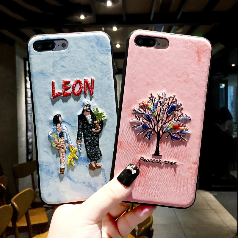 

Cute 3D Embroidery Leather Case For iPhone 6 S 7 8 Plus X XS Max Soft TPU Cartoon Tree Flamingo Cover For iPhone X Fundas Coque