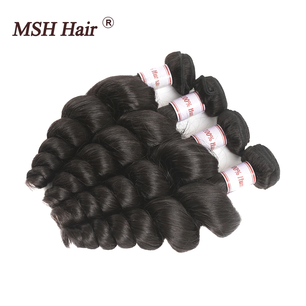 MSH Hair Indian Loose Wave 4 Bundles Extensions Natural Black Non Remy Human Weaves | Шиньоны и парики