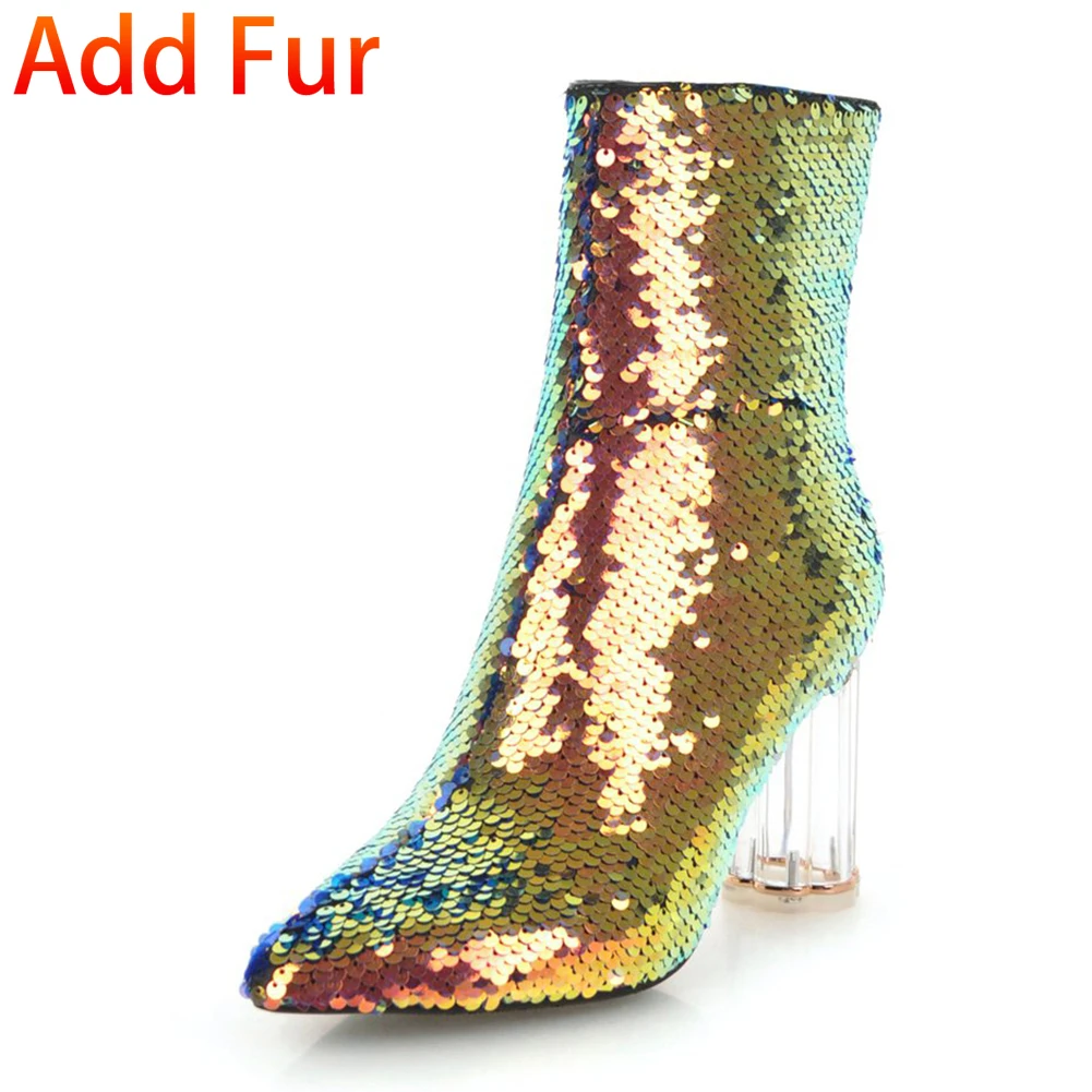 DoraTasia Fashion Sequined Cover Ankle Boots Female Autumn Winter Shoes Pointed Toe High Heels Boots Women Shoes - Цвет: gold thick fur