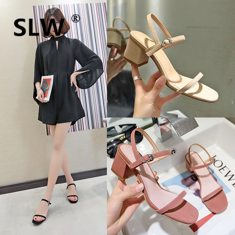 

shoes woman korean style Fabric summer Buckle Strappy sandals zomer schoenen High all match Narrow Band tip binding block heels
