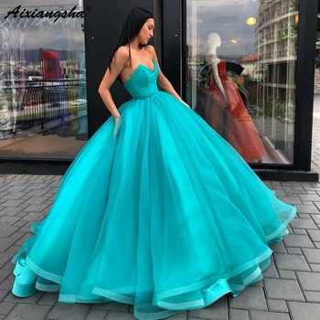 

Turquoise Ball Gowns Long Evening Dress V-neck Ruffles Tulle Long Prom Gown Lace Up Abiye Formal Party Dress Abendkleider