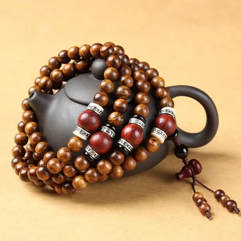 

Natural Hainan Yellow Pear Wood Beads Buddhist 108 Mala Bracelet Original Rosewood with Red Sandalwood Female or Male Jewelry