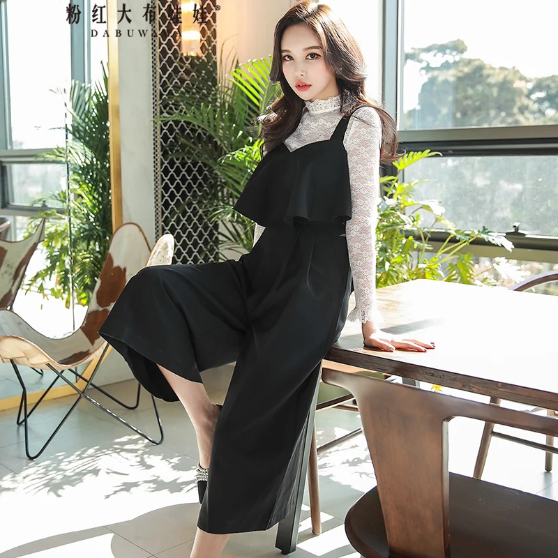 

Dabuwawa Spring Women Wide Leg Vintage Strap Jumpsuits 2019 Casual Ruffle V-Neck Full Length Bodysuits Rompers D17CJP004