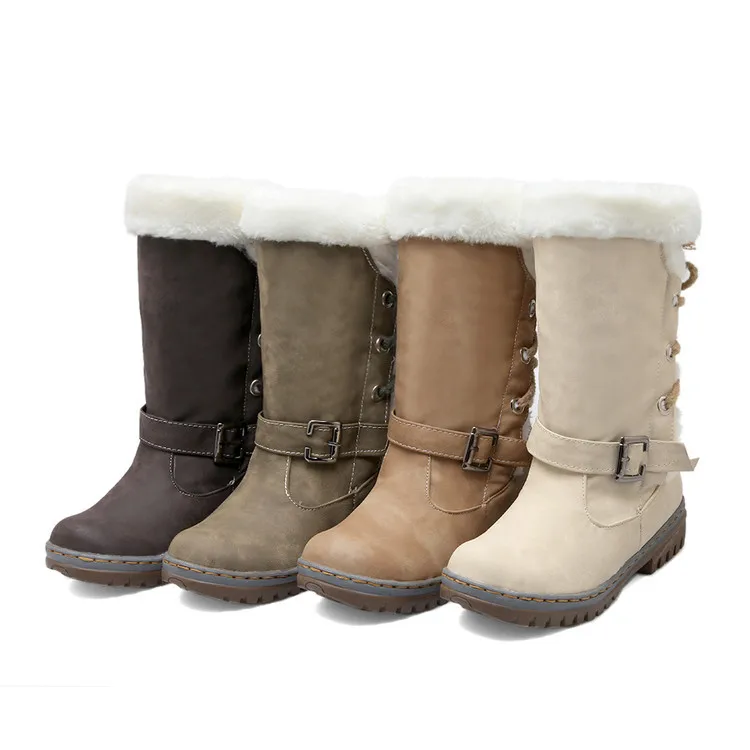 À Rond Le marron Hauteur Tourné Faible Les De Pu Chaudes Bottes Croix Beige attaché Bout Pour Femmes Sur jaune Classiques Hiver Neige Coins Chaussures Boucle Genou vert Bord Du OwvqA