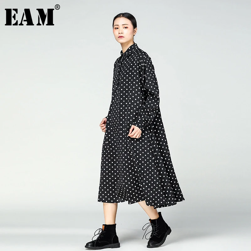 

[EAM] Women Black Dot Print Big Size Dress New Turn-down Collar Long Sleeve Loose Fit Fashion Tide Spring Autumn 2019 JY744