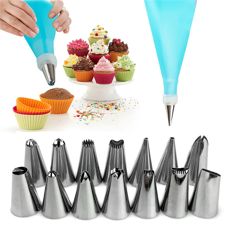 

16PCS/Set Silicone DIY Icing Piping Cream Pastry Bags+Stainless Steel Nozzle Set DIY Cake Decorating Tips Set+Coupler Converter