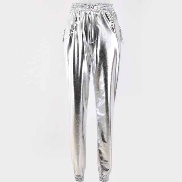 Pu Leather Pants Female High Waist Joggers Silver Shiny Faux Leather ...