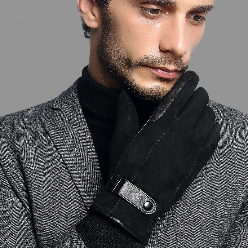 2019 NEW Genuine Leather Gloves Male Autumn Winter Warm Men Black Suede Sheepskin Gloves Wrist Buckle Driving Glove 6829