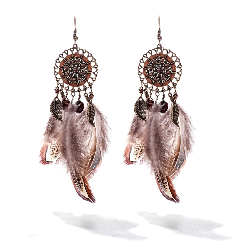 

Top quality Sunflower feather Women Earring Brand New Bohemia Vintage Drop Long Feather Water Drop Eearrings for Women Handmade