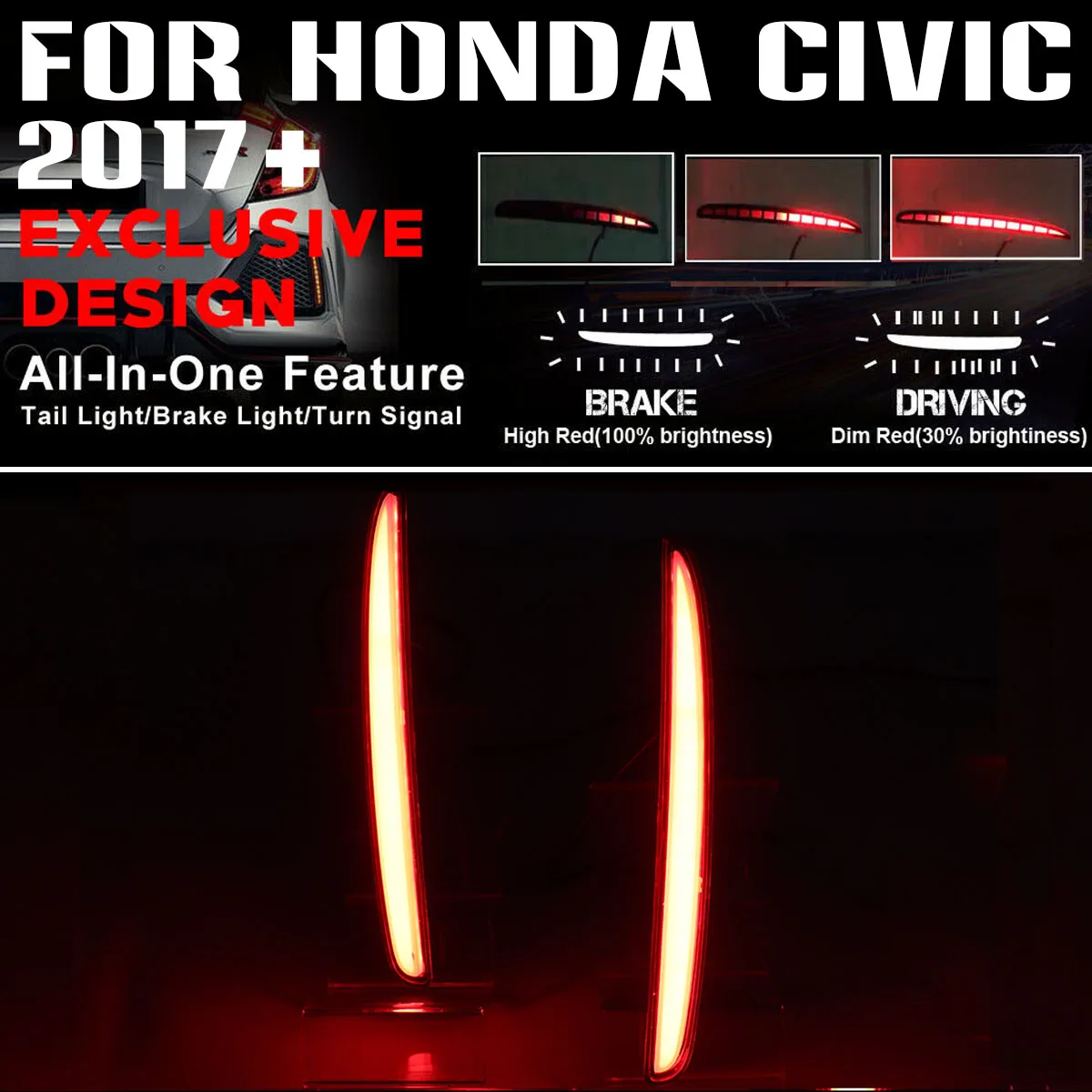 

For Honda for Civic Type R Hatchback 2017 2018 2019 LED Reflector Lamp Rear Fog Lamp Bumper Light Brake Light Replacement Parts