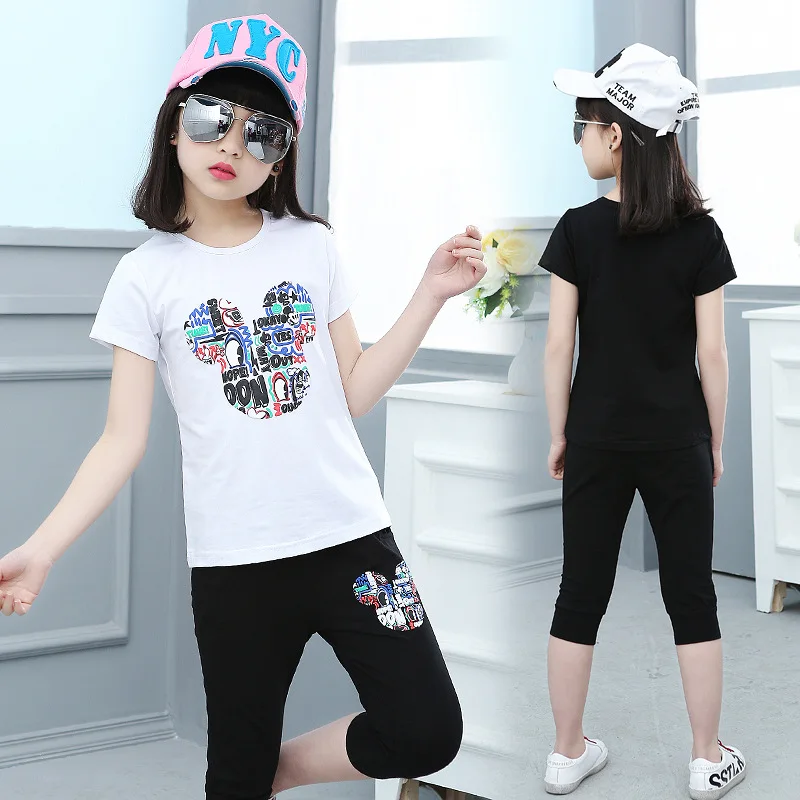 Kids Girls Summer Clothing Big Kids Short Sleeve Leggings Children's Clothing Children's Cartoon Set 4 8 14T Clothes Sets