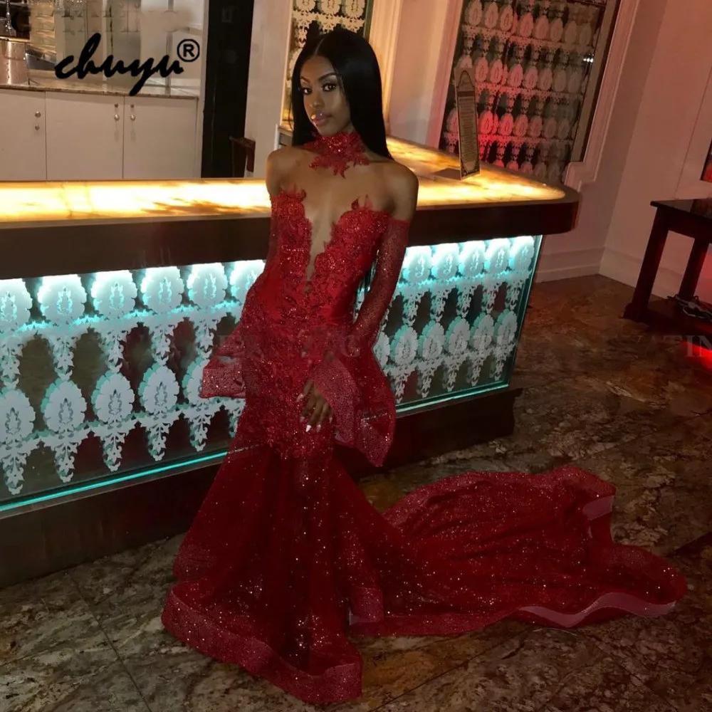

Red Prom Dresses Mermaid Deep V-Neck Long Sleeves Appliques Illusion Prom Dress Robe De Soiree Evening Dress