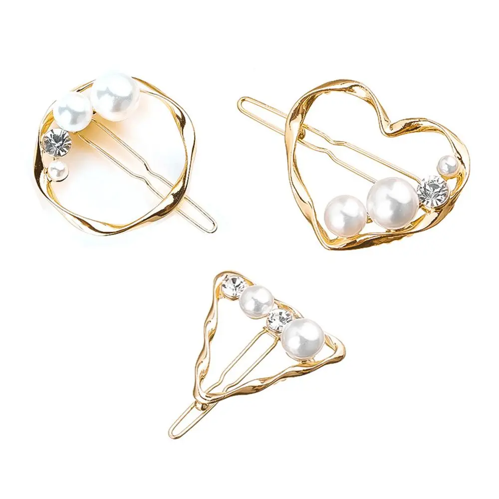 

New Fashion Women Hair Accessories Geometric Round Triangle Heart Hair Clips Rhinestone Pearl Hairpins Barrettes For Girls